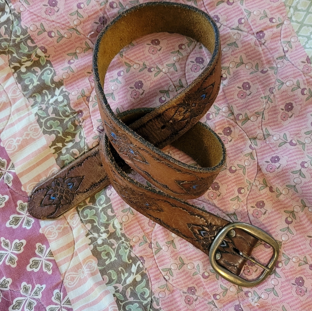 Stamped brown leather belt with turquoise detail